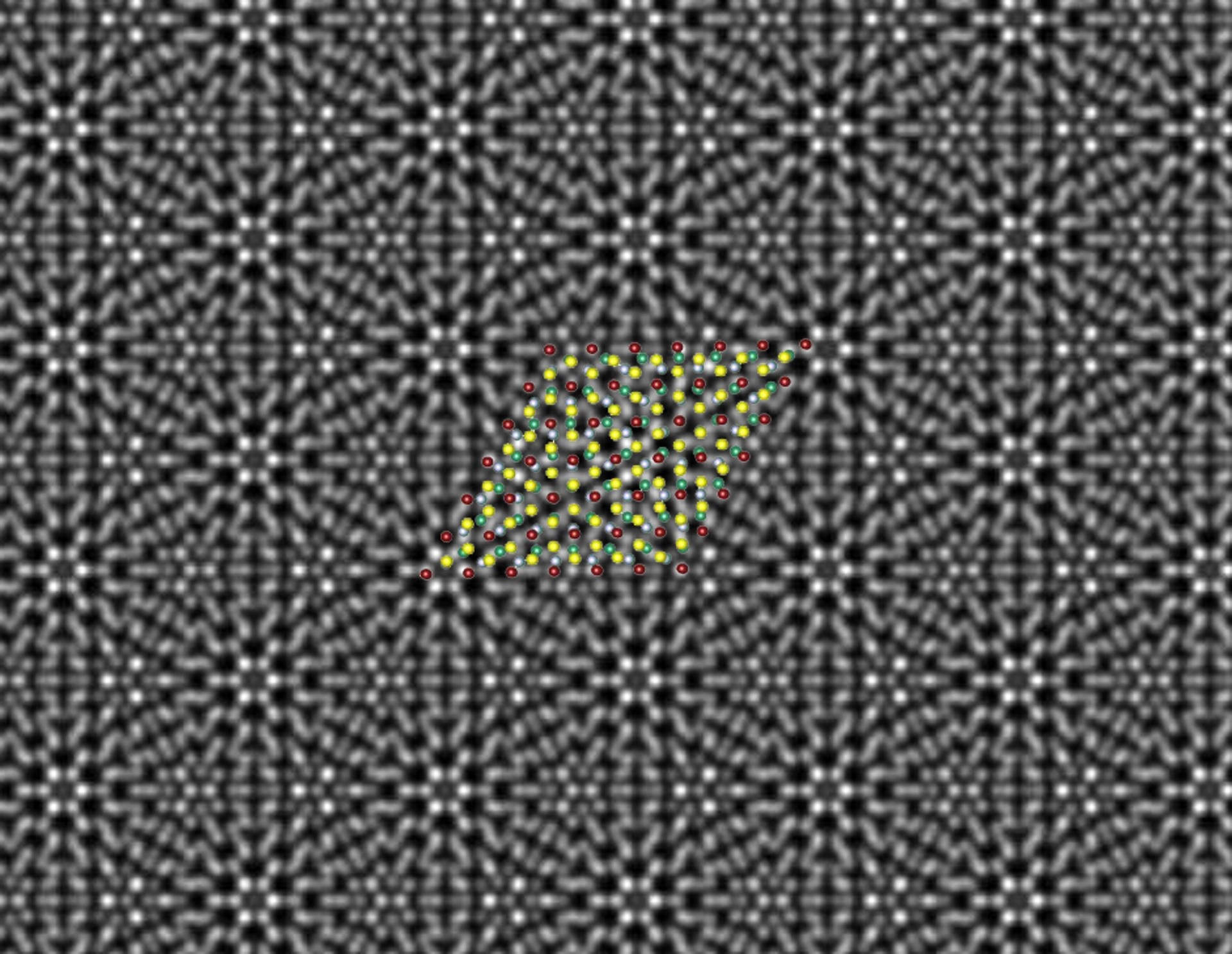 A scanning transmission electron microscope image reveals a beautiful periodic pattern (called a “moiré pattern") resulting from the epitaxial chromium telluride/tungsten diselenide superlattice; superimposed is the atomic model of the superlattice. @ Mengying Bian and Liang Zhu