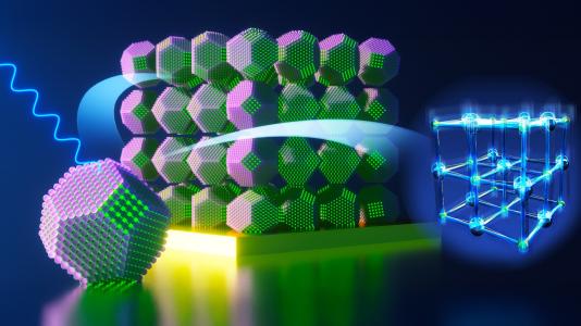 Artistic illustration of lead sulfide quantum dots as they undergo structural changes when exposed to light, with lead atoms temporarily shifting to a new position. @ Cotts Lab, Middlebury College