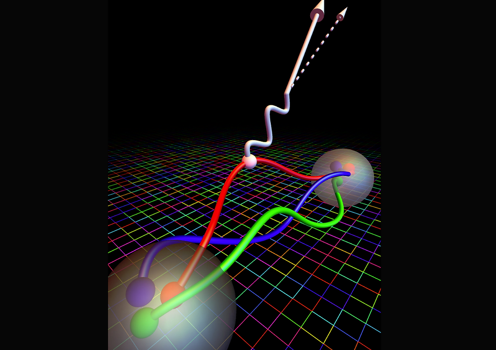 In this illustration, the grid in the background represents the computational lattice that theoretical physicists used to calculate a particle property known as nucleon axial coupling. This property determines how a W boson (white wavy line) interacts with one of the quarks in a neutron (large transparent sphere in foreground), emitting an electron (large arrow) and antineutrino (dotted arrow) in a process called beta decay. This process transforms the neutron into a proton (distant transparent sphere). (Credit: Evan Berkowitz/Jülich Research Center, Lawrence Livermore National Laboratory)