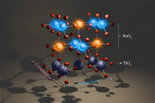 Illustration of strain-induced emergent magnetism in ultrathin RuO2/TiO2. Possible theoretic altermagnetic spin density is rendered with orange and blue visual effects in the top RuO2 layers using OpenAI ChatGPT. @Rice University/Yichen Zhang.