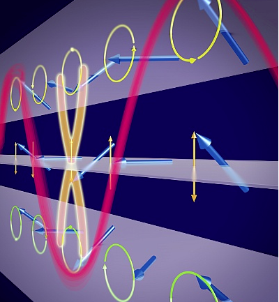 An ultrashort spin wave (red) running through a nickel iron layer. Towards the center of the layer, the magnetic direction (blue arrows) swings only up and down in a sort of knot, while the motion in the other parts remains circular – with opposing sense of magnetic rotation. @ HZDR / Juniks