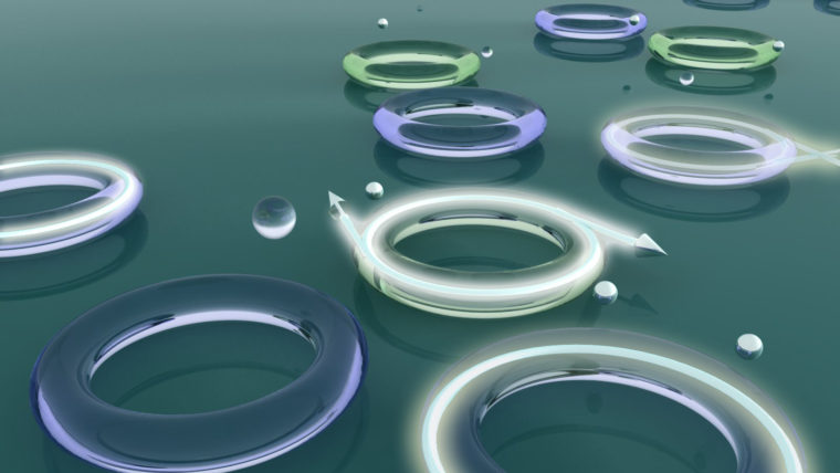An artist's view showing the control of the emission direction of lasing at exceptional points in a whispering gallery mode microlaser. The tori and the spheres represent the microtoroid resonators and the scatterers, respectively. With two scatterers with appropriate sizes and locations in the field of the resonator, light is emitted in only one direction. The lasing is bidirectional when there is one or no scatterer. (Image: B. Peng, F. Monifi, S. K. Ozdemir and L. Yang)
