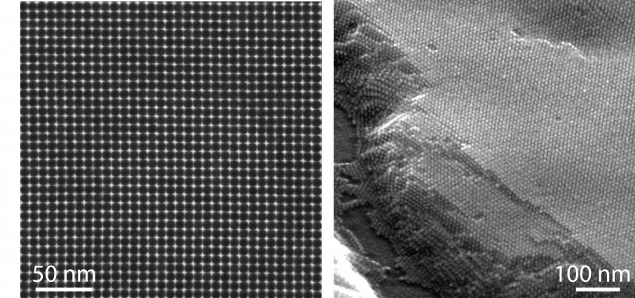 At left, a transmission electron micrograph shows a lead sulfide (PbS) nanocrystal superlattice. At right, a scanning electron micrograph shows thickness and long-range ordering of PbS nanocrystals. Images courtesy of the Tisdale Lab.