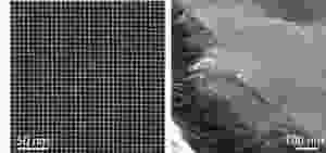 At left, a transmission electron micrograph shows a lead sulfide (PbS) nanocrystal superlattice. At right, a scanning electron micrograph shows thickness and long-range ordering of PbS nanocrystals. Images courtesy of the Tisdale Lab.