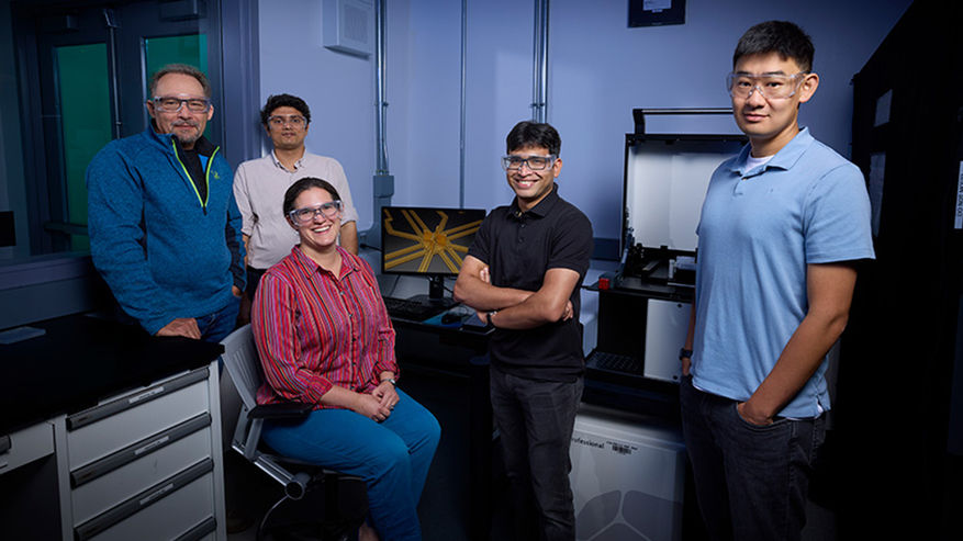 From left: Lawrence Livermore National Laboratory Materials Science Division (MSD) researcher Juergen Biener, Materials Engineering Division(MED) staff engineer Abhinav Parakh, physicist Kristi Beck, physics postdoctoral researcher Sayan Patra, and MED staff engineer Xiaoxing Xia. (Photo: Garry McLeod/LLNL)