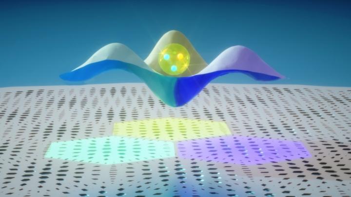Image shows a trion trapped in a moiré potential well. The plane represents the moiré superlattice with a simplified moiré pattern. Three moiré cells are highlighted in color. Above them is the potential energy profile. The sphere with three glowing "balls" represents the moiré trion. @ Ella Maru Studio, with contributions from Hongyi Yu and Wang Yao at the University of Hong Kong; and Wangxiang Li and Joshua Lui at UC Riverside.