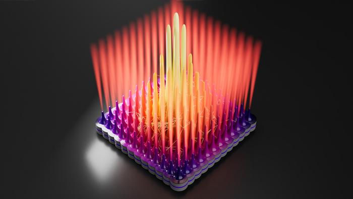 Rendering of a GaAs-based semiconductor sample approximately 20 micrometers in size. Following laser excitation, polaritons form in the central (purple) layer and leave the quantum system after a few picoseconds as light with a different wavelength (visible as a diffuse red glow at the edges). Mirror layers above and below the purple layer reflect the polaritons, enabling their positions to be measured as a function of space and time. The image visualizes the spatial correlations within the quantum system, represented by the height of the towers and the white connecting lines. With this experiment, Würzburg researchers from the Cluster of Excellence ctd.qmat have, for the first time ever, demonstrated KPZ universality in a two-dimensional system in space and time. ©think-design | Jochen Thamm