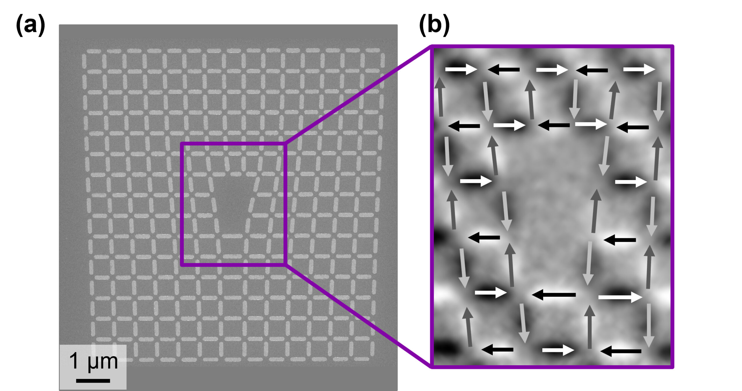(a) A scanning electron microscope image of the nanomagnet array with a topological defect. (b) The magnetic configuration, measured using PEEM XMCD, shows the antiferromagnetic ordering of the lattice. @ Berkeley Lab