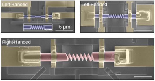 Scanning electron microscope images of helical-shaped device samples made of Co₃Sn₂S₂ in various dimensions @Riken