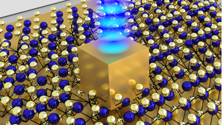 A single gold nanocube sits on top of an atom-thin material made of unique semiconductor crystals. The five nm gap is created between the bottom side of the nanocube and the gold mirror below it, concentrating enough energy to create a stream of photons.
