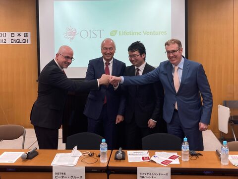 From left: Gil Granot-Mayer (OIST Executive Vice President), Peter Gruss (OIST President and CEO), Ryosuke Kimura (General Partner of Lifetime Ventures), and Paul McInerney (General Partner, Incubate Fund)