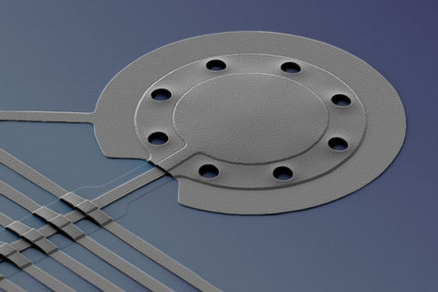 NIST researchers applied a special form of microwave light to cool a microscopic aluminum drum to an energy level below the generally accepted limit, to just one fifth of a single quantum of energy. Having a diameter of 20 micrometers and a thickness of 100 nanometers, the drum beat 10 million times per second while its range of motion fell to nearly zero. Credit: Teufel/NIST