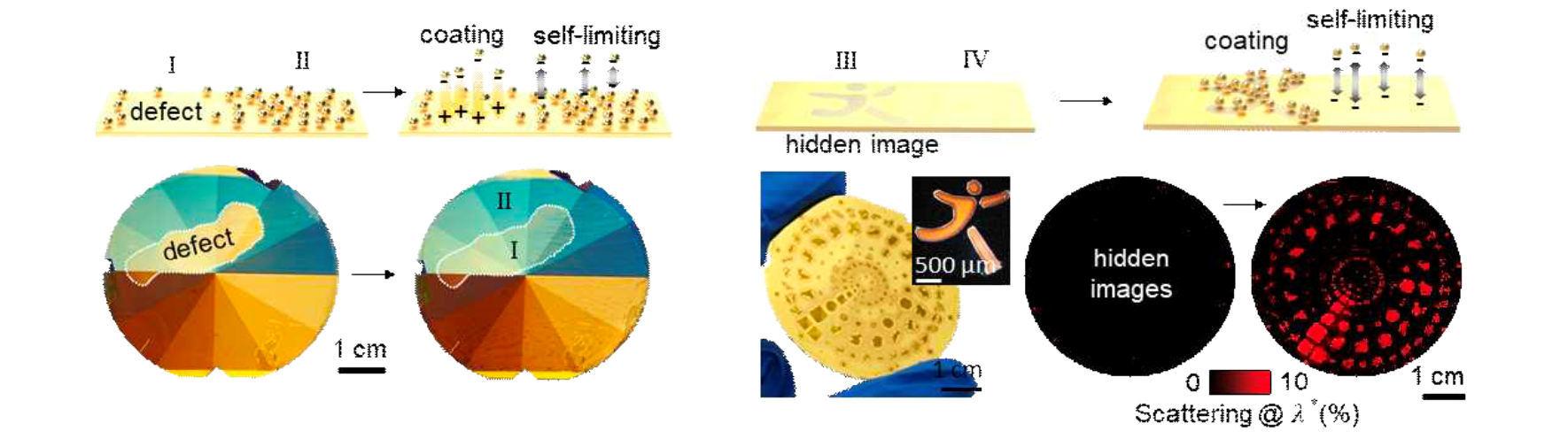 'Healing' of process defects (left) and 'pick and place' particle patterning (right): Selective assembly of nanoparticles based on surface potential enables selective assembly only for specific coating defects (left), and because patterning is possible, hidden patterns that cannot be distin-guished with the naked eye can be visualized through nanoparticle assembly (right) @GIST
