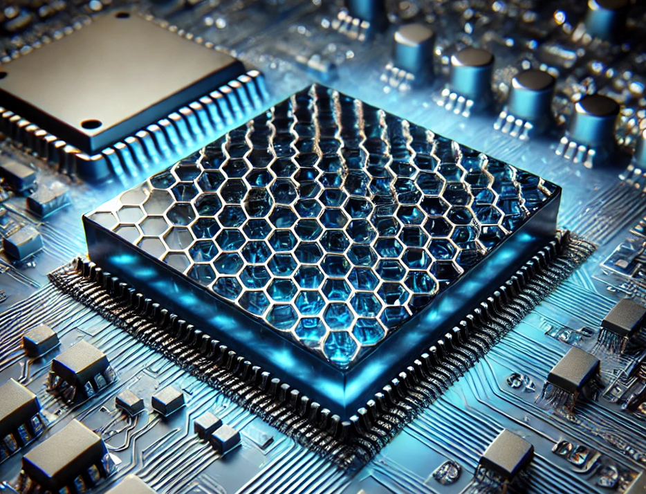 Symbolic illustration of a graphene layer on a microchip. In combination with a heavy-metal thin film and ferromagnetic monolayers, graphene could enable spintronic devices. © Dall-E/arö