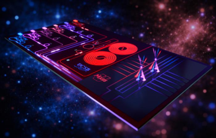 A rendering of lasers on a chip. @UC Santa Barbara