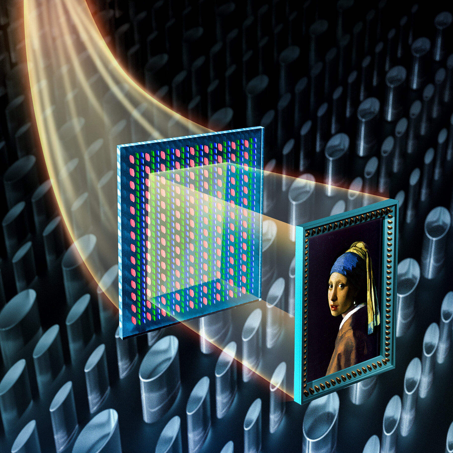 Illustration depicts a faithful reproduction of Johannes Vermeer's "Girl With a Pearl Earring" using millions of nanopillars that control both the color and intensity of incident light. Credit: T. Xu/Nanjing University