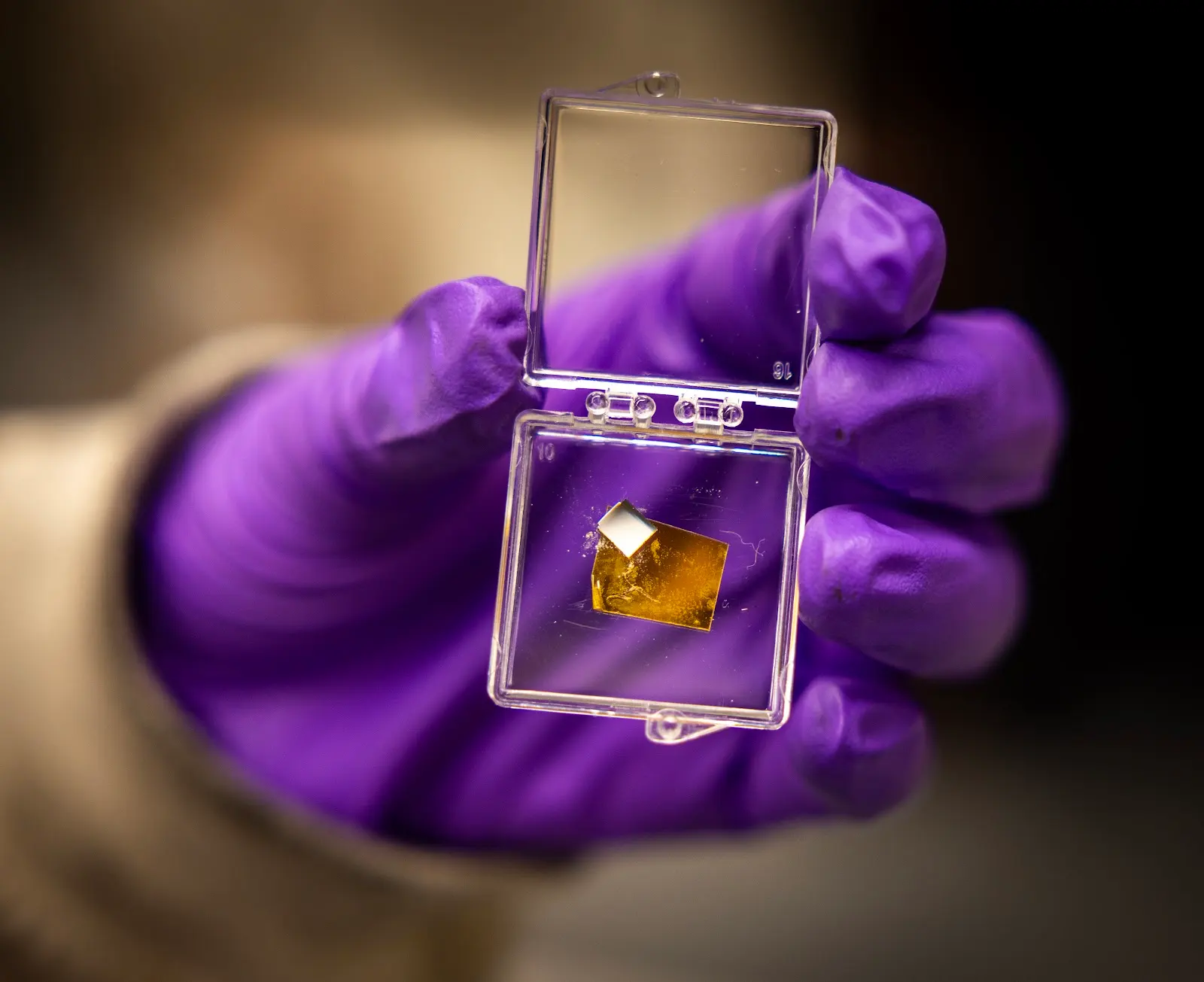 A gloved hand holds a case with a piece of iron-gallium alloy inside. PHOTO: Marcin Szczepanski, University of Michigan Engineering.