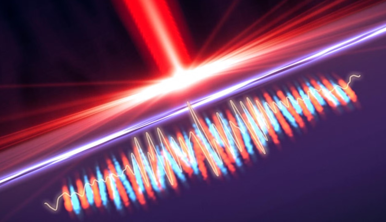 A high-power laser (red) strikes a solid wire, creating a hot plasma and accelerating fast electrons into the material. These fast, hot electrons are met by a return current of colder electrons flowing in the opposite direction, forming filament-like structures that have been visualized for the first time using the LCLS. (Greg Stewart/SLAC National Accelerator Laboratory)