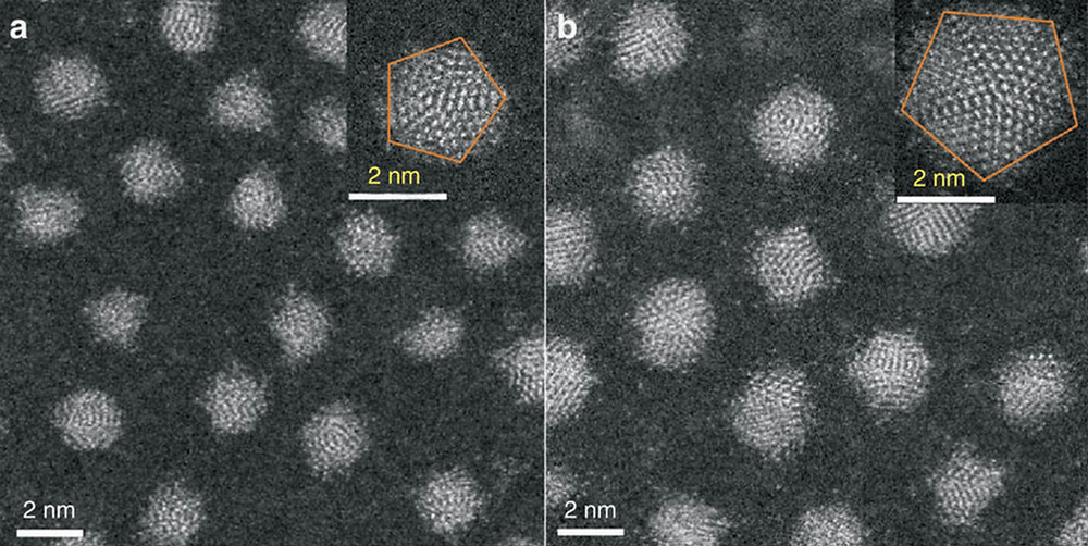 Scanning TEM and high-resolution TEM (inset) images of the as-prepared small (a) and large (b) 4-tert-butylbenzenethiolate-stabilized Ag nanoparticles. Scale bars, 2 nm.