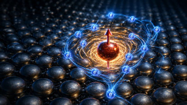 An AI-generated illustration depciting the Kondo effect. Conducting electrons in a metal are shown interacting with the spin of an embedded magnetic atom impurity. Credit: AI-generated artwork by Linqing Peng