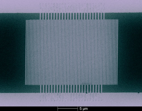 Colorized micrograph of a NIST single-photon detector made of superconducting nanowires patterned on molybdenum silicide. Photo Credit: Verma/NIST
