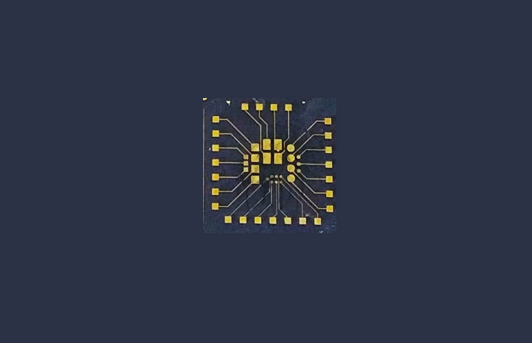 Microfabricated bioelectronic device for cell capture and release in which 24 gold microelectrodes of different sizes can be seen. Device size 20x20 mm. @ Microfludics Cluster UPV/EHU