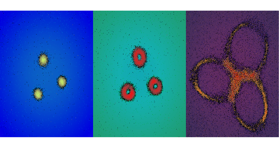 These three false-color images represent the quantum Hall state that University of Chicago physicists created by shining infrared laser light at specially configured mirrors. Achieving this state with light instead of matter was an important step in developing computing and other applications from quantum phenomena. In this quantum Hall state, particles of light mimic the orbital action of electrons in more standard experiments that involve powerful magnetic fields and ultra-cold conditions of near absolute zero (minus 459.6 degrees Fahrenheit). Credit: Nathan Schine, Albert Ryou, Andrey Gromov, Ariel Sommer, and Jonathan Simon