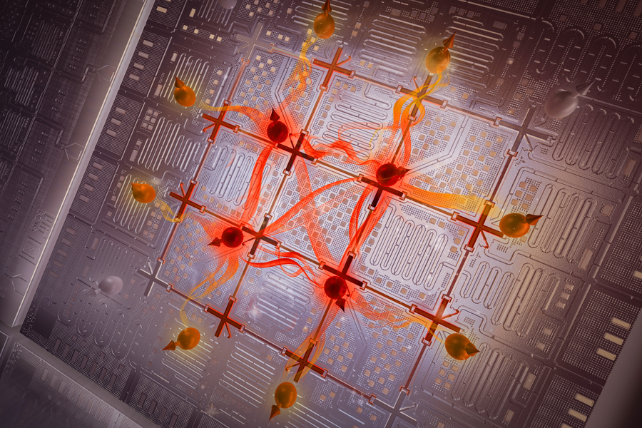 Caption:In a large quantum system comprising many interconnected parts, one can think about entanglement as the amount of quantum information shared between a given subsystem of qubits (represented as spheres with arrows) and the rest of the larger system. The entanglement within a quantum system can be categorized as area-law or volume-law based on how this shared information scales with the geometry of subsystems, as illustrated here. @ Eli Krantz, Krantz NanoArt