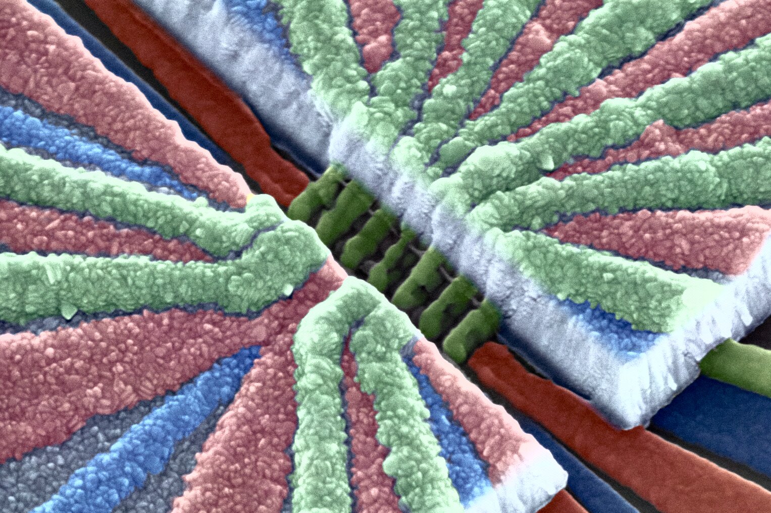 Silicon-based device in development for use in quantum computers. Gate electrodes shown in blue, red, and green are used to define the quantum dot potentials while the micromagnet on top provides a magnetic field gradient. The image was taken using scanning electron microscopy and the colors were applied for clarity. @ Adam Mills, Princeton University
