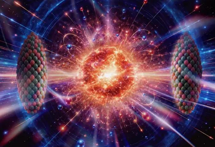 Two Lorentz-contracted nuclei (left and right) collide and ignite a fireball that expands violently outward. @Xu-Guang Huang