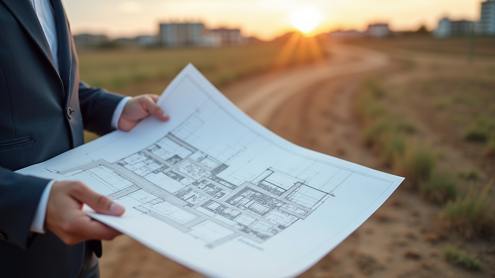 Close-up view of hands holding architectural plans over a land development site