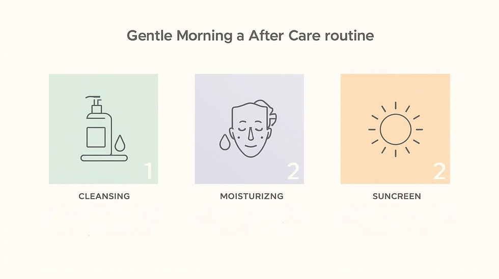 Kuvitus, jossa näkyy kolme askelta: puhdistus, kosteutus ja aurinkosuoja, esitettyinä selkeinä ikoneina kolmen paneelin kuvituksessa.