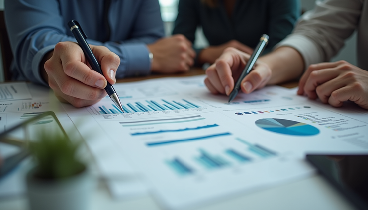 High angle view of a small business team reviewing quality management charts