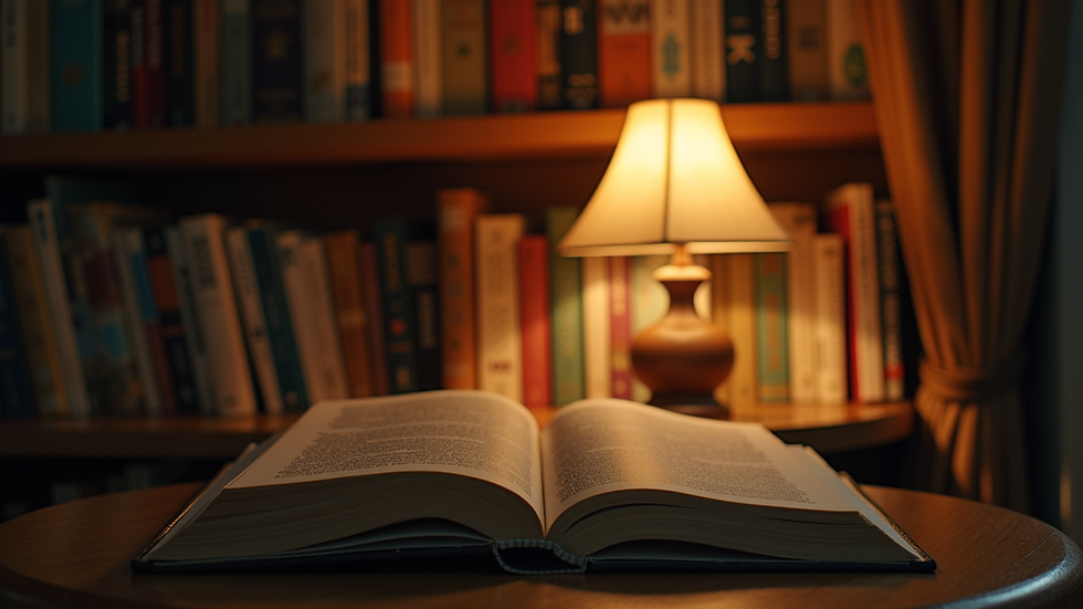 Eye-level view of a cozy reading nook filled with books and a warm lamp