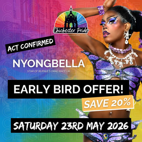 A poster promoting early bird tickets at Chichester Pride, showing the drag queen Nyongbella in a purple outfit.