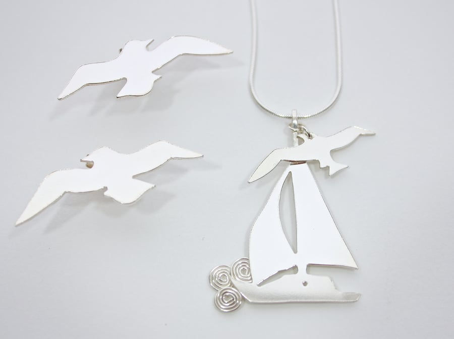 Thumbnail: Nautical Seaside Silver Sailboat Pendant with Seagull Charm