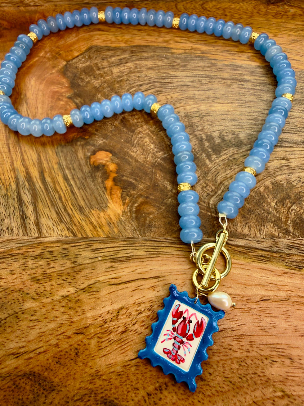 Thumbnail: Blue Gemstone Charm Necklace with Gold Filled T Bar Clasp