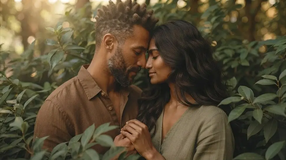 Natural photography of a couple touching foreheads, eyes closed. The intimate scene is set amongst lush greenery, evoking serenity.