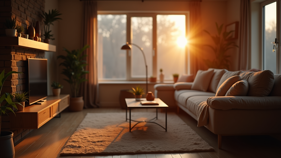 Close-up view of a cozy living room with warm lighting