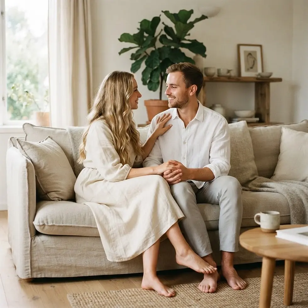 Lifestyle photography of a couple holding hands and looking at each other on a sofa. The scene is warm and intimate.