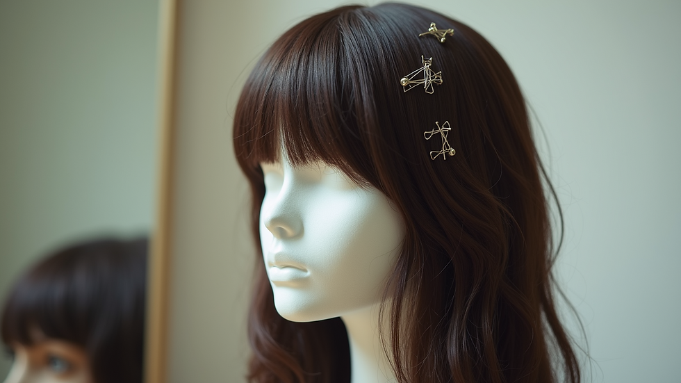 Eye-level view of a wig secured with bobby pins on a wig stand