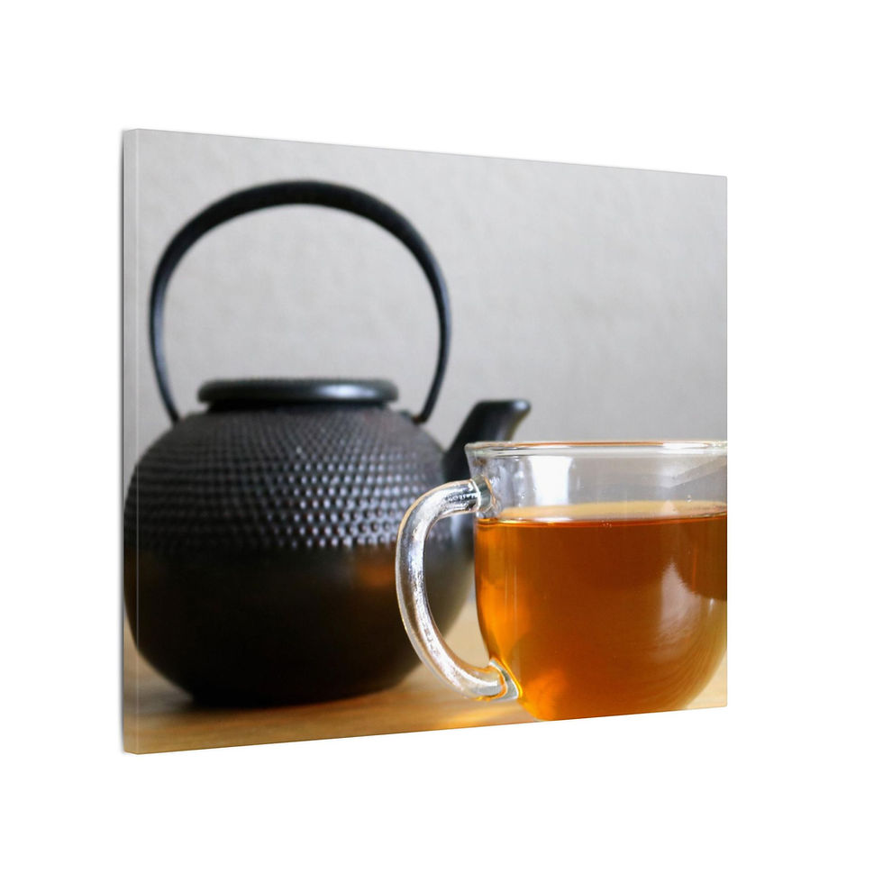 Thumbnail: Cup of Tea with Black Metal Tea Kettle on a Table Color Matte Canvas Stretched