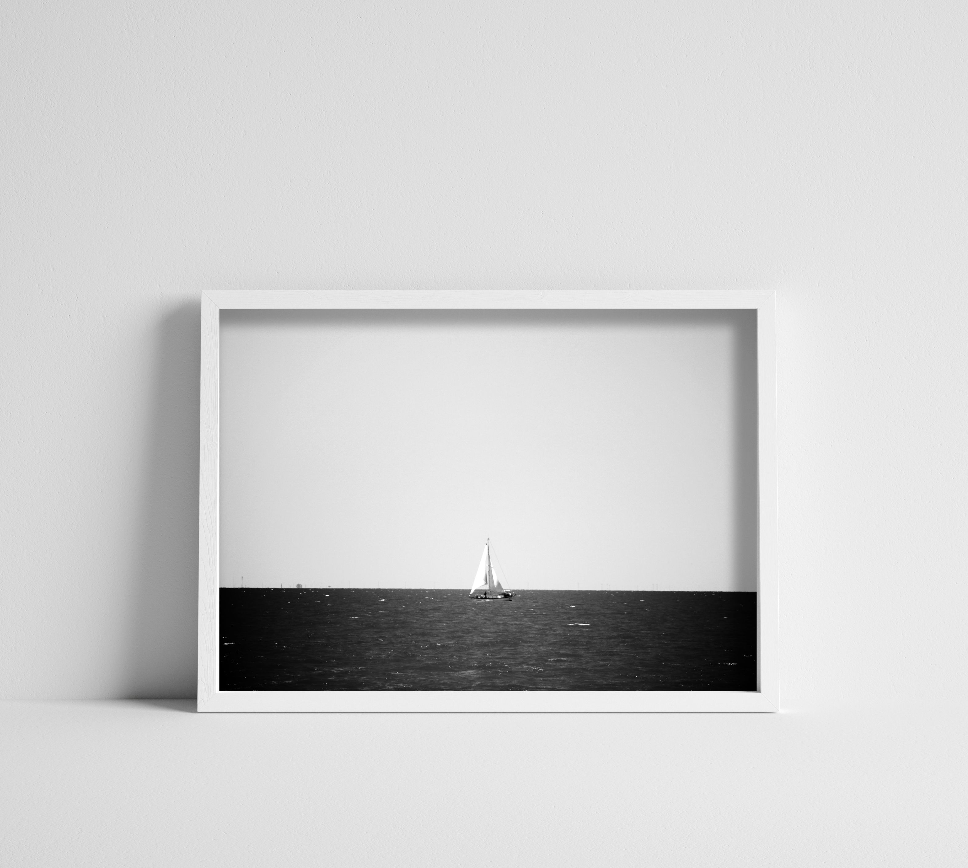Black & White Sailboat on the Ocean Bay Horizon Photographic Print