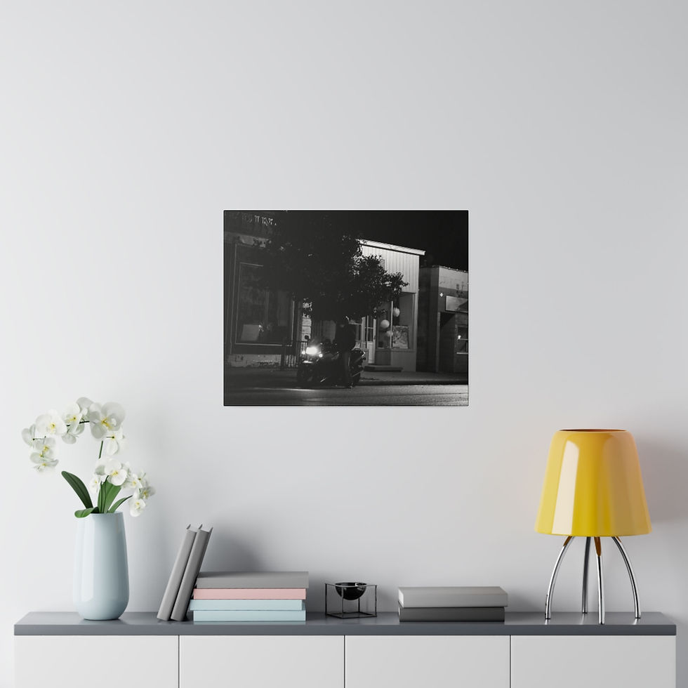 Thumbnail: Black & White Biker Sitting on a Motorcycle Downtown Matte Canvas Stretched