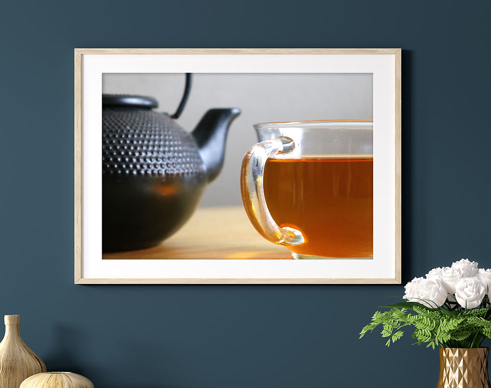 Thumbnail: Cup of Tea with Tea Kettle on Table Close Crop Color Photography Print