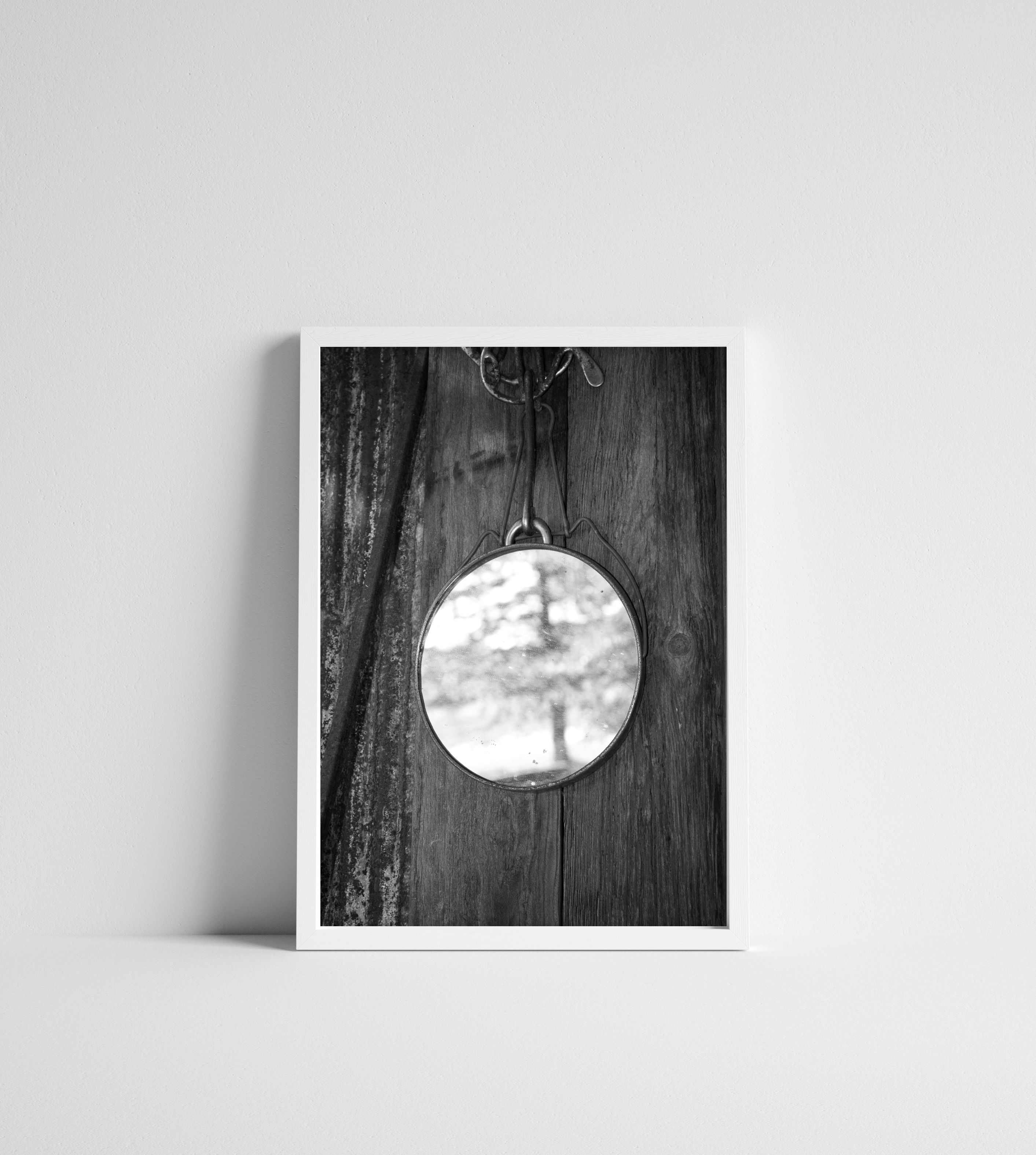 Black & White Rustic Cabin Mirror Hanging on the Wall Photographic Print