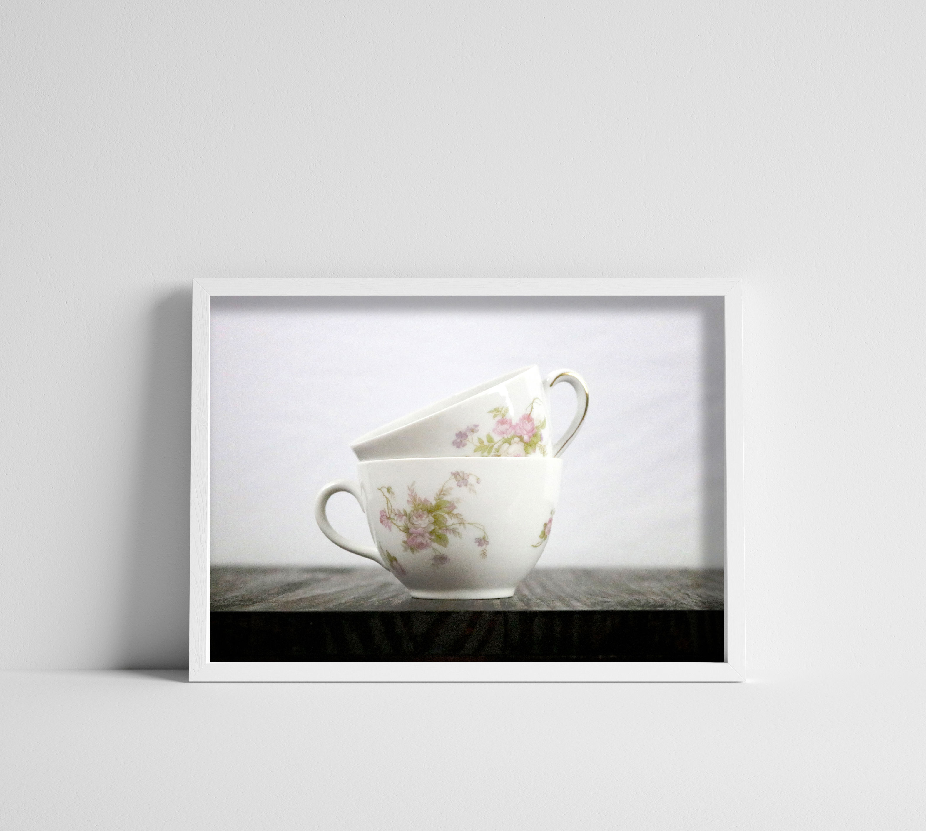 Vintage Floral Tea Cups on a Table Color Photography Print