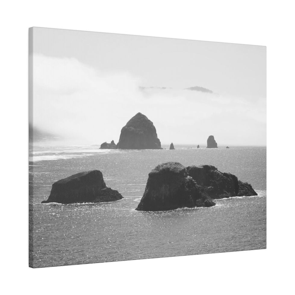 Thumbnail: Black & White Cannon Beach Sea Stacks Matte Canvas Stretched