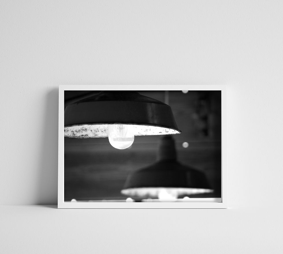 Black & White Old Rusty Lights Hanging from Ceiling Photographic Print