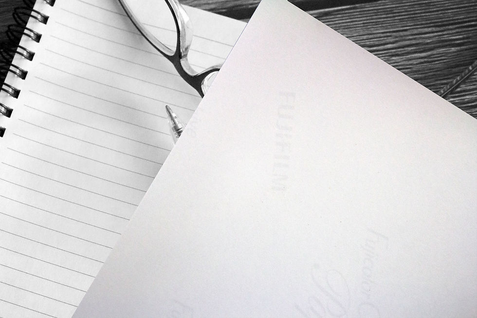Thumbnail: Black & White Notepad Pen and Glasses on a Wooden Table Photography Print